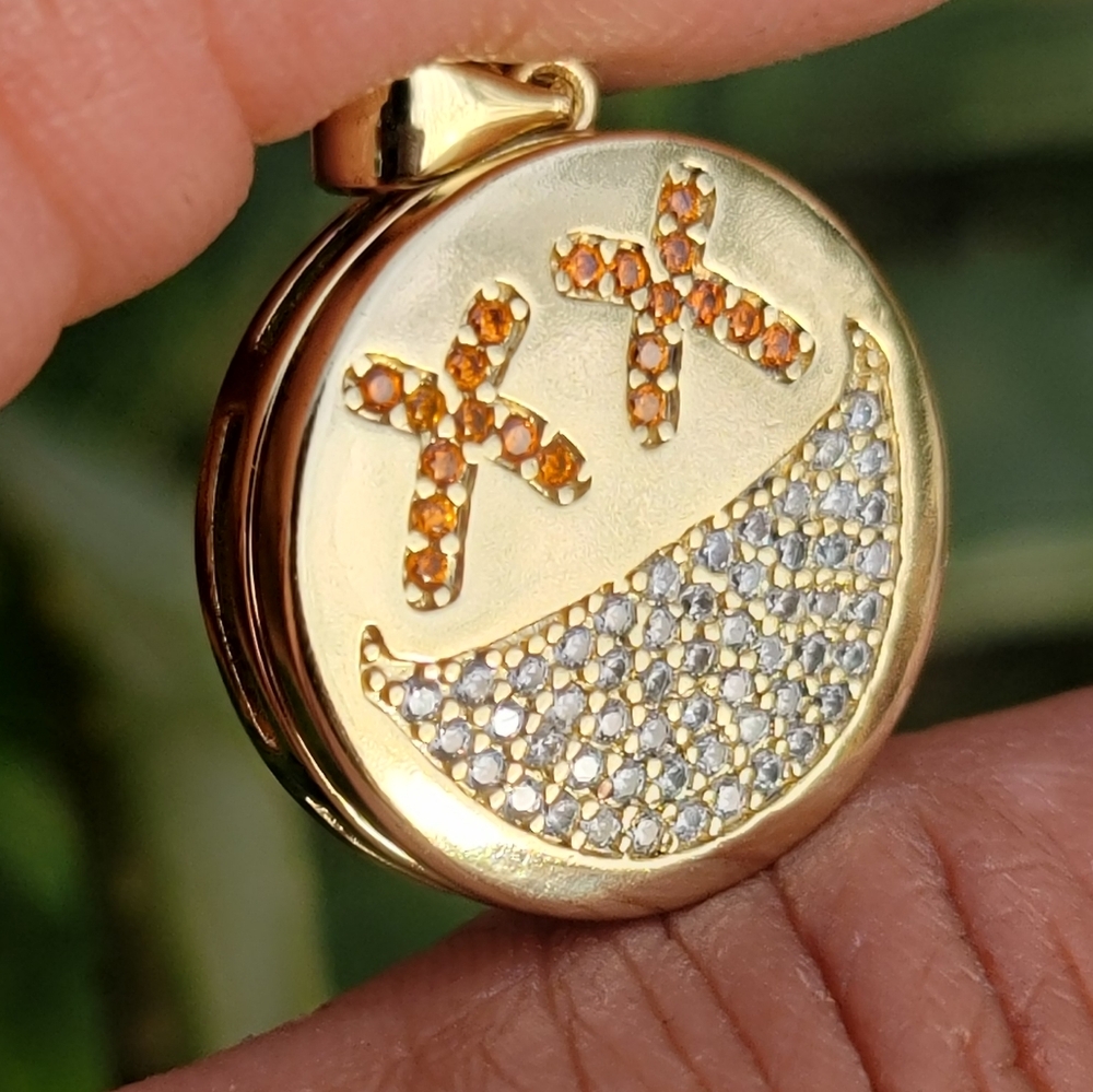 New gold spinner happy face moon star orange and clear CZ necklace pendant